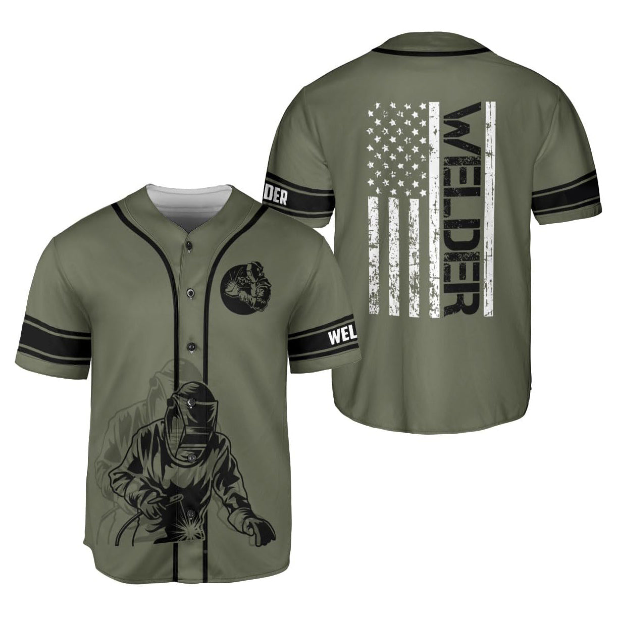Military Green Welder USA Flag Baseball Jersey