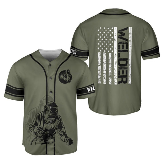 Military Green Welder USA Flag Baseball Jersey